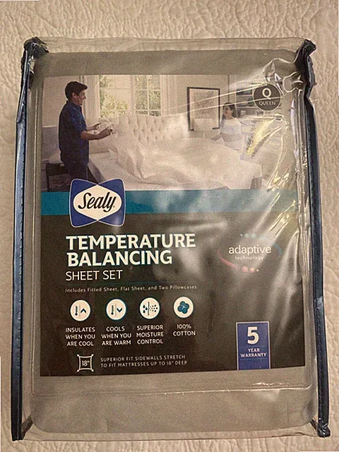 NWT Sealy Temperature Balancing Gray 100% Cotton 4 Piece Sheet Set Size Queen