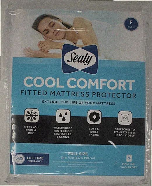 Sealy Cool Comfort Fitted Full Mattress Protector White Waterproof 15" Deep