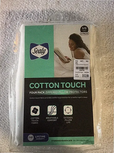 Sealy Cotton Touch Four Pack Zippered Pillow protectors S/Q 20x28 4 In Pack