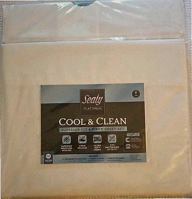 SEALY PLATINUM TWIN COOL & CLEAN SUPERIOR FIT 4 PIECE TWIN SHEET SET NIP, LP $34
