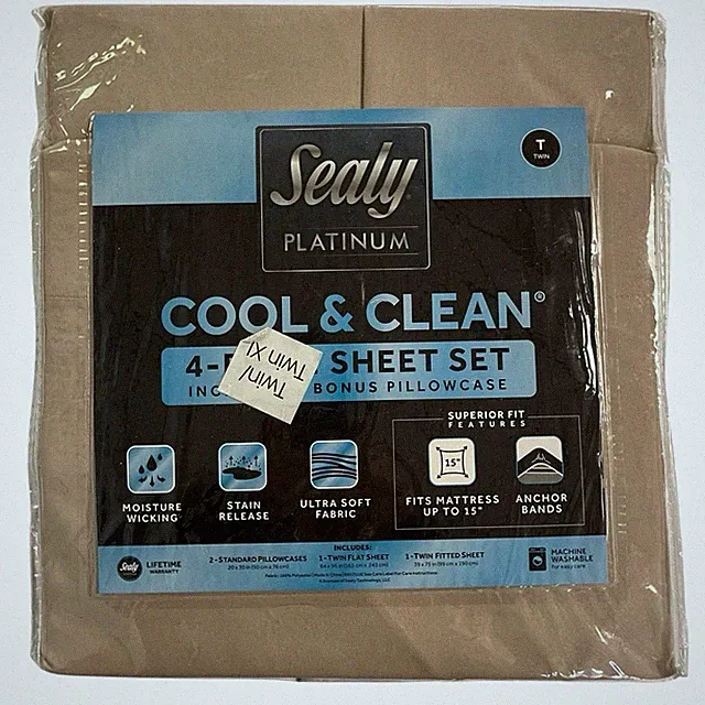 Sealy Platinum Twin XL Sheet Set Taupe Cool & Clean Ultra Soft Stain Release