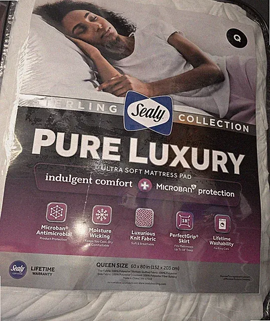 Sealy Pure Luxury Mattress Pad Hypoallergenic Topper - Queen Size 60 x 80 in